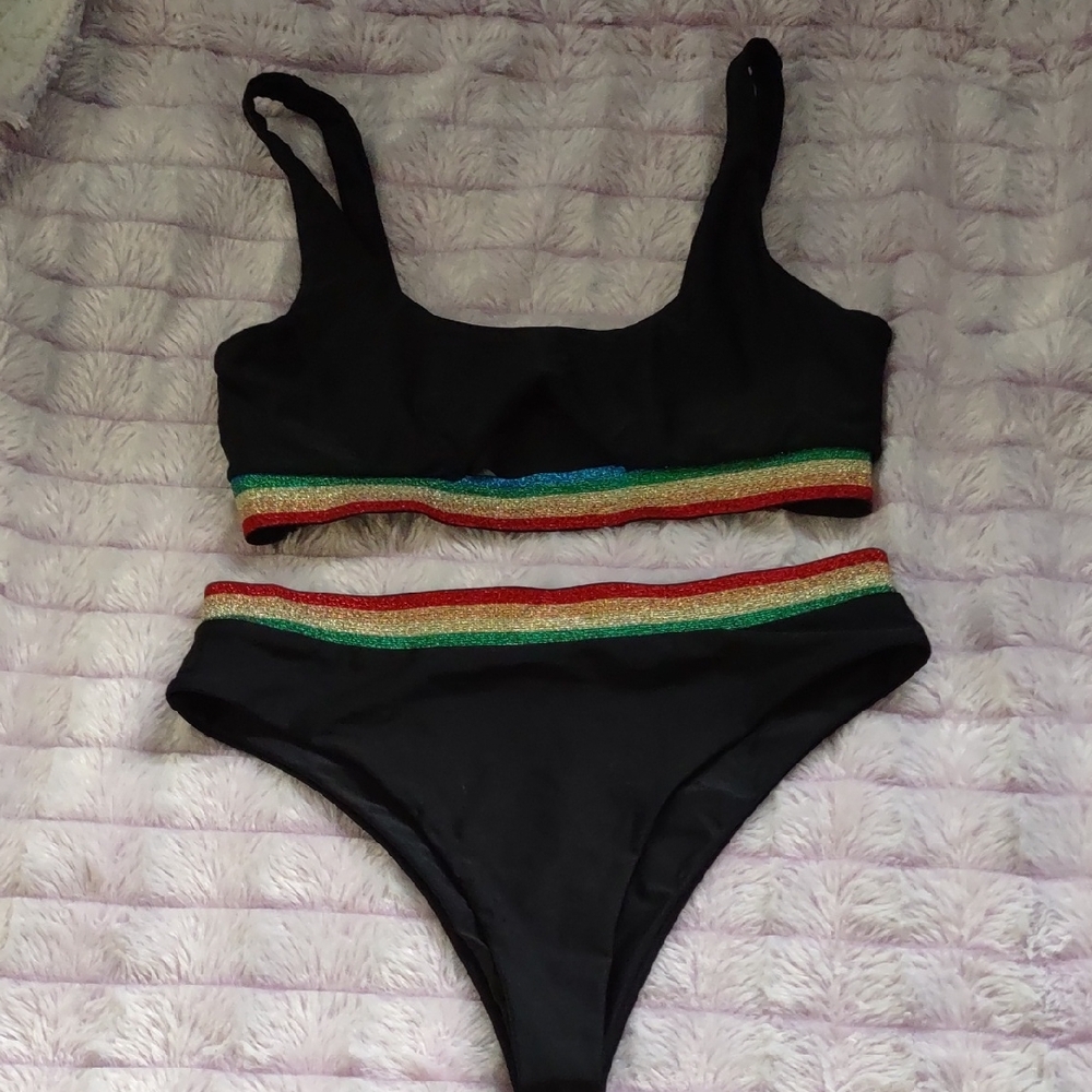 Shein Black Green Gold Bronze Red Glitter Stripes Cut Out 2 Piece Bikini Size M